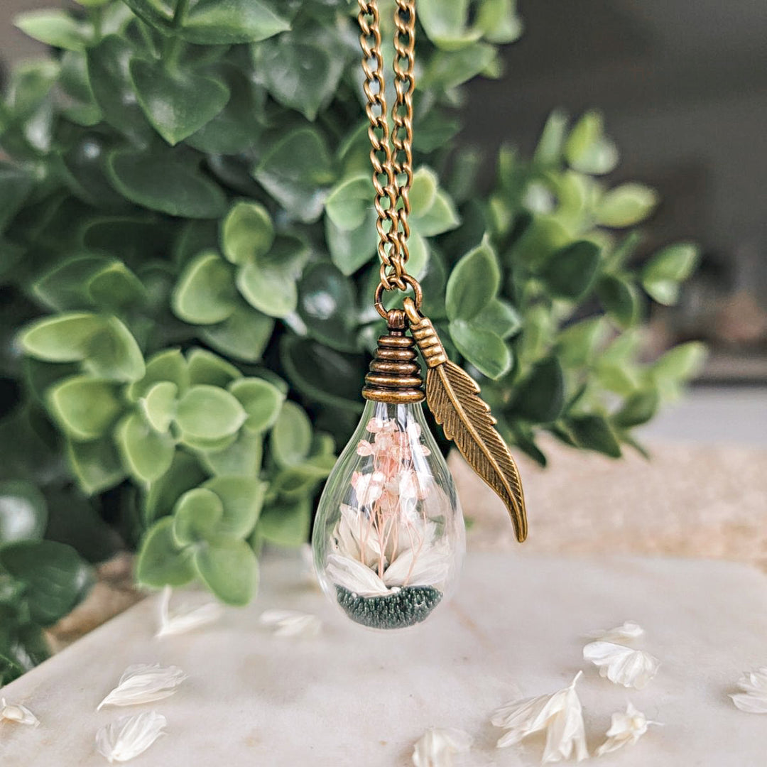 endentif ampoule avec fleurs séchées, à porter au cou – bijou floral délicat à offrir