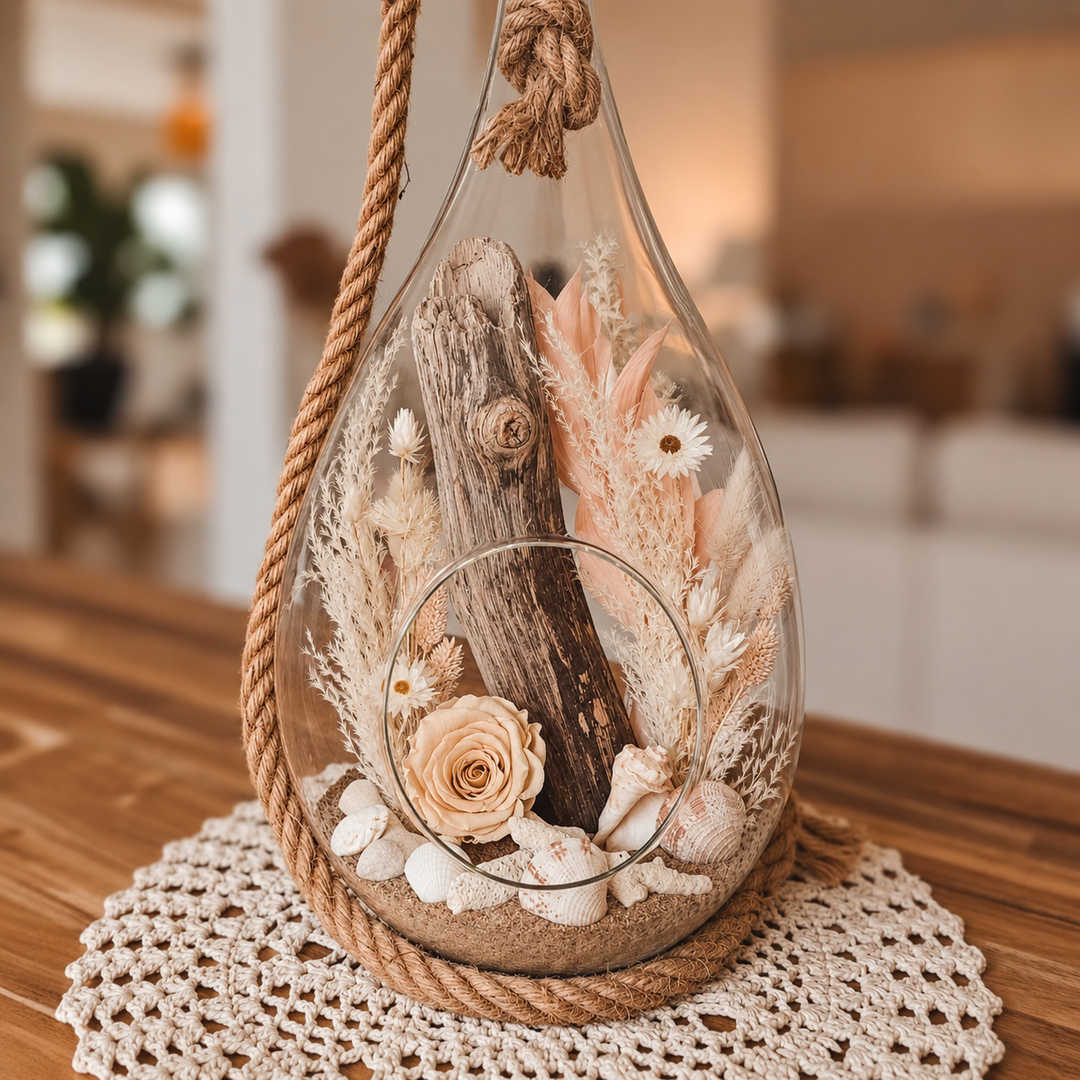 Arrangement floral avec rose éternelle beige, bois flotté, fleurs séchées et coquillages