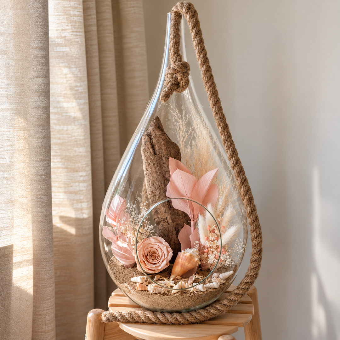 Arrangement floral avec rose éternelle pêche, bois flotté, fleurs préservées et coquillages