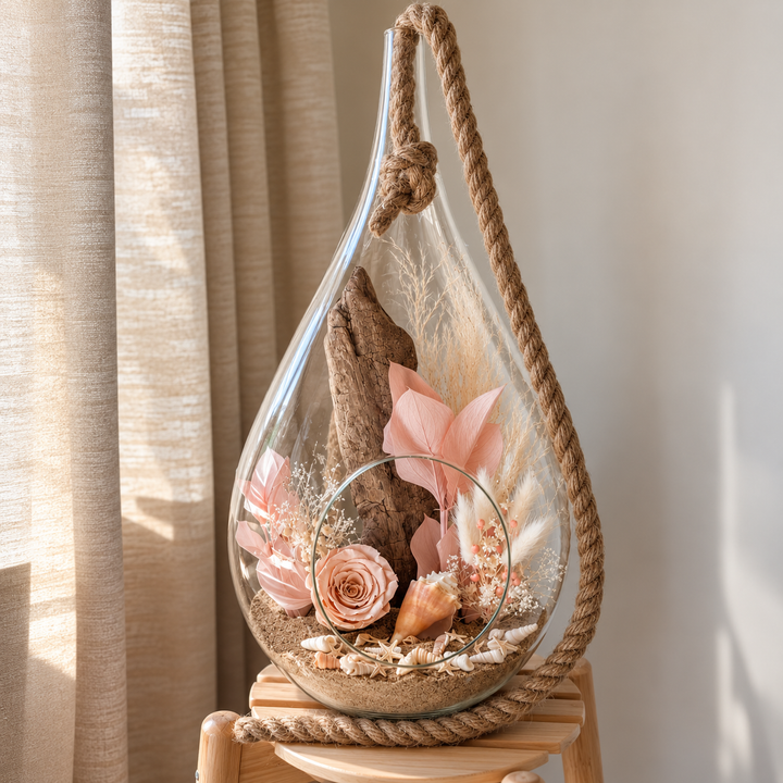 Arrangement floral avec rose éternelle pêche, bois flotté, fleurs préservées et coquillages