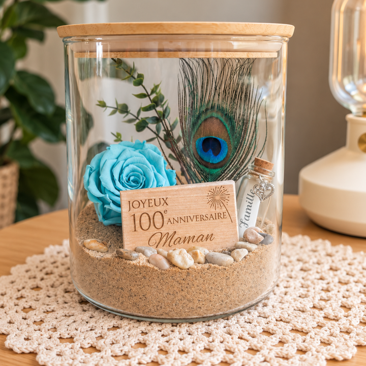 Cadeau personnalisé pour un 100e anniversaire avec rose éternelle bleue, plume de paon et plaquette gravée