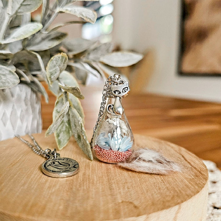 Collier avec poil de chat en fiole de verre et fleurs séchées, breloque chat argent bijou souvenir animaux personnalisé Québec