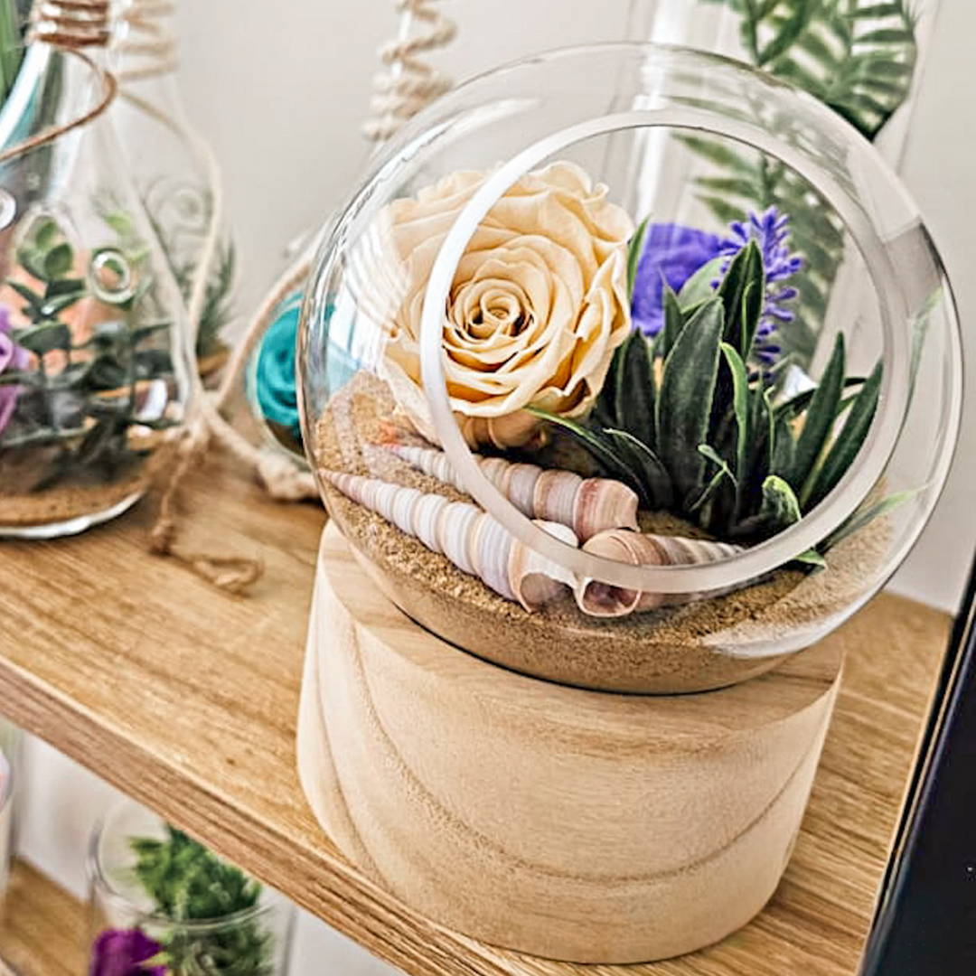 Vase décoratif naturel avec rose éternelle beige et coquillages.